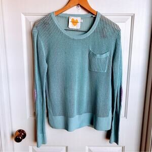 Kerri Rosenthal x Anthropologie Blue Open Knit Heart Elbow Patches Sweater